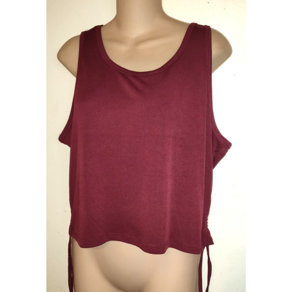 Ekouaer Cropped Ribbed Top Women's 2XL BURGUNDY Drawstring Ruching Sleeveless - Picture 1 of 9